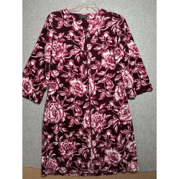 Miss Elaine Medium House Coat Robe Floral Womens Velour Zip Pink Burgundy - Picture 1 of 14
